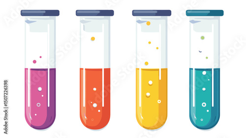 Four Test Tubes with Different Colored Liquids in a Science Lab on White Background