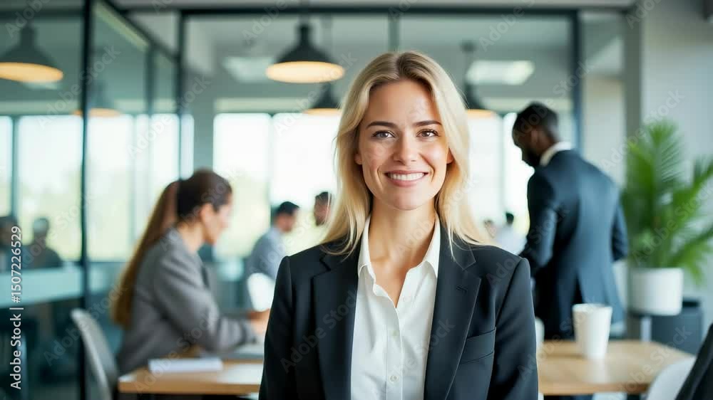 Confident Businesswoman Smiling in Modern Office Environment – Professional Female Portrait for Corporate Videos, Business Presentations, and Career Development Content Confident Businesswoman Smiling in Modern Office Environment – Professional Female Portrait for Corporate Videos, Business Presentations, and Career Development Content