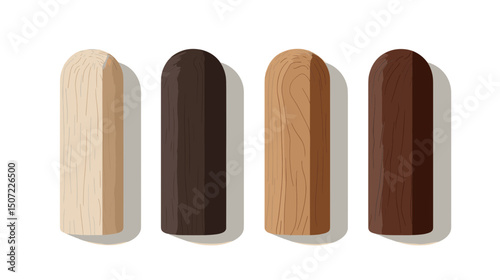 Four Wood Plugs in Various Shades of Brown for Furniture Repair on White Background