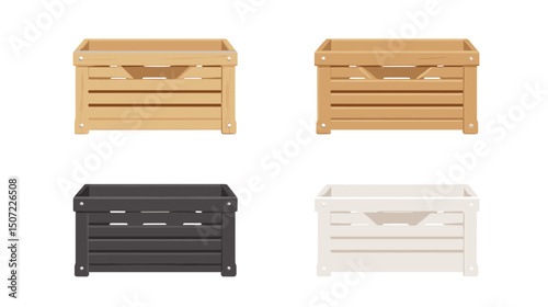 Four Wooden Crates in Beige Black White and Brown for Storage and Transport on White Background