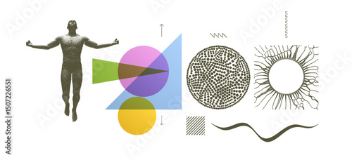 Flying man or the act of levitation. Harmony of mind and body, wisdom or religious concept. A simple geometric figure. 3D model of human body. Vector for brochure, flyer, cover, poster or presentation