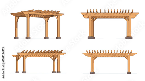 Four Wooden Pergola Structures for Gardens and Outdoor Spaces on White Background
