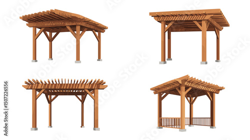 Four Wooden Pergolas in Various Designs Isolated on White Background for Outdoor Structure and Architectural Elements