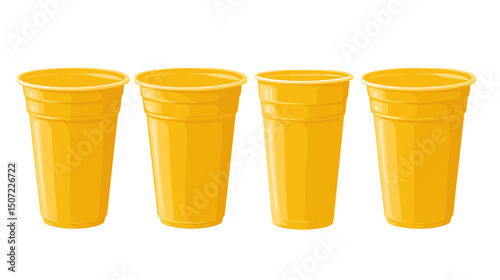 Four Yellow Plastic Cups Arranged on White Background in Simple Graphic Style for Party or Event Use