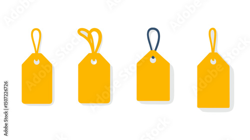 Four Yellow Sale Tags with Varying Ropes on White Background Representing Price Discount and Promotional Retail Offers Modern and Simple Design