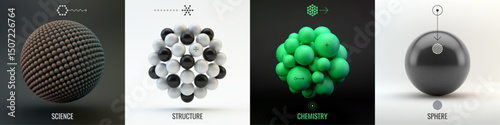 Molecule. A sphere of small balls. Concepts of chemical investigation, diagram of structure of molecule. A group of atoms. Scientific illustration. 3D vector for brochure, poster, presentation, flyer.