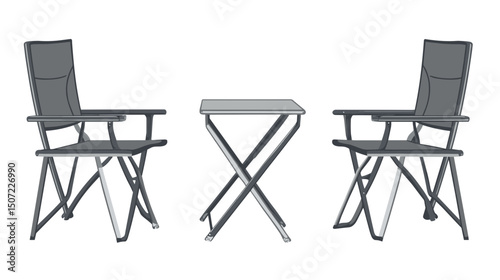 Gray Folding Camping Table and Chairs Minimalist Outdoor Furniture Set Graphic Illustration Isolated on White Background
