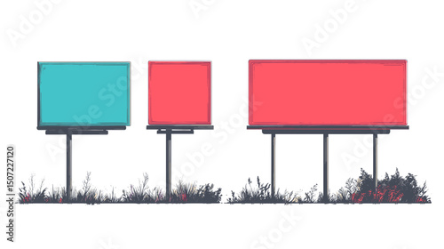 Group of Colorful Billboards with Blue and Red Panels on Metal Stands Among Grassy Patches on White Background for Advertisement