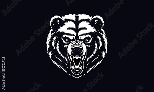 Angry bear head vector, grizzly bear head illustration, black and white bear head vector
