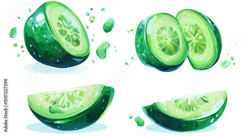 Illustration of Sliced Fresh Green Cucumbers in Pixel Art Style Isolated on White Background
