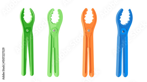 Isolated Assortment of Colorful Plastic Clothespins in Green Orange and Blue Hues on a White Background Perfect for Laundry Concepts