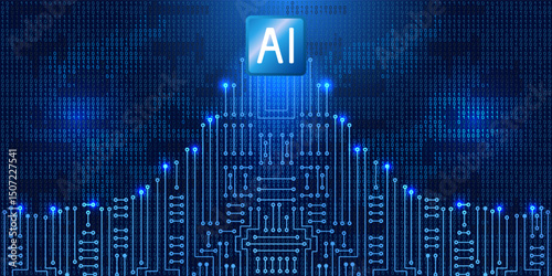 Electronics circuit with binary code. Futuristic digital design, world of artificial intelligence and digital technology for banners, tech backgrounds and innovative branding.