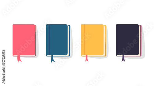 Isolated Collection of Colorful Notebooks with Bookmarks on White Background Featuring Pink Blue Yellow and Black Covers