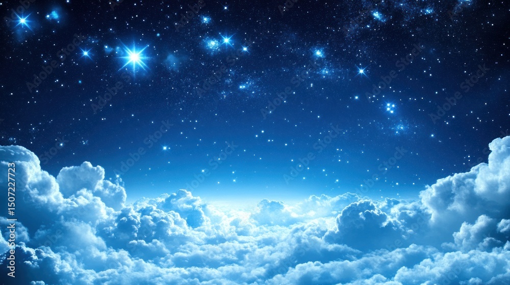 Naklejka premium Starry Night Sky Above Layered Clouds Dreamy Celestial View