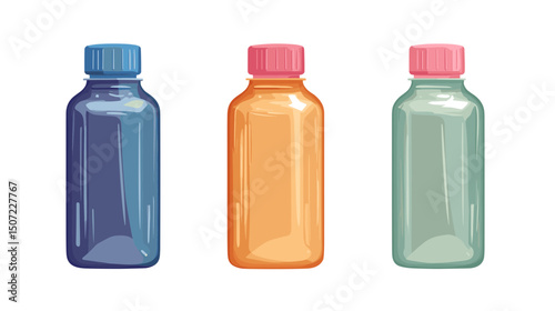 Isolated Pixel Art of Three Pastel Color Plastic Bottles on White Background