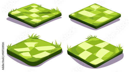 Isometric Green Grassy Patches with Square Tiles Design for Games or Landscaping Elements