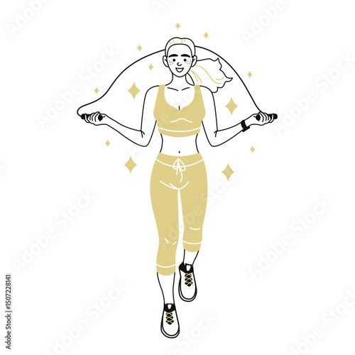 A smiling, active woman in sports clothes jumps rope. Sports and a healthy lifestyle. Home fitness. Vector black and white hand-drawn doodle illustration