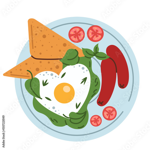 A plate with a delicious fresh breakfast. Heart-shaped fried eggs with sausages and fresh vegetables with herbs. Vector illustration isolated on a white background
