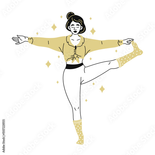 A peaceful female doodle character does yoga. The girl stands on one leg. Healthy lifestyle. Vector black and white hand-drawn illustration