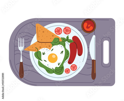 A plate with a delicious fresh breakfast on a wooden tray. Fried heart-shaped fried eggs with sausages and fresh vegetables with herbs. Vector illustration isolated on a white background