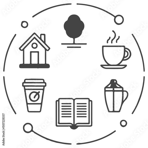Lifestyle & Daily Routine Icons.
Housing, coffee, books, light bulbs – covering daily life, reading, work, and comfort.

