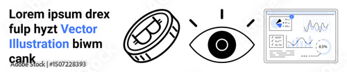Centralized eye with a Bitcoin-inspired coin and a data dashboard with charts and metrics. Ideal for finance, cryptocurrency, blockchain, analytics, security, investment, simple landing page