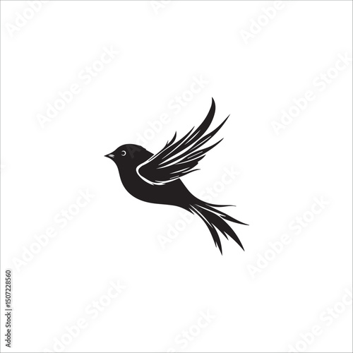 graphic image on a white background of a black bird in flight
