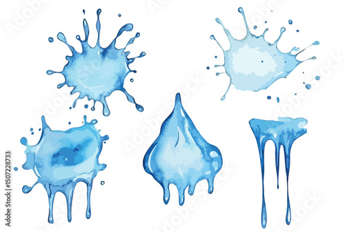 Blue water splash, isolated watercolor illustration