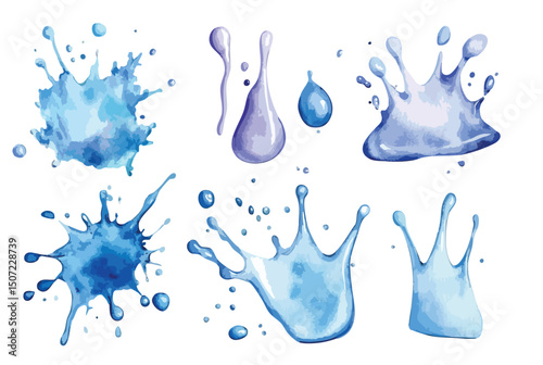 Blue water splash collection, isolated watercolor illustration