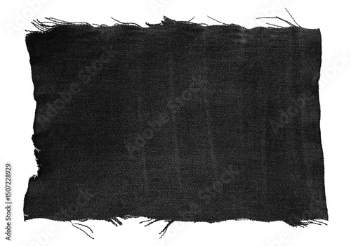 Piece of black torn denim on a white background. Denim texture