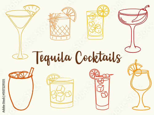 Hand drawn tequila cocktail illustrations. Vector line art of summer refreshing alcoholic beverages. Doodle style cocktail glasses for bar, menu, and party design.