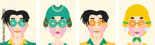 Set of Men and Women Wearing Orange Sunglasses, Orange Goggles, a bright shirt, a bright swimsuit, pearl earrings, and a pineapple and a kiwi swimming cap on an isolated background.
