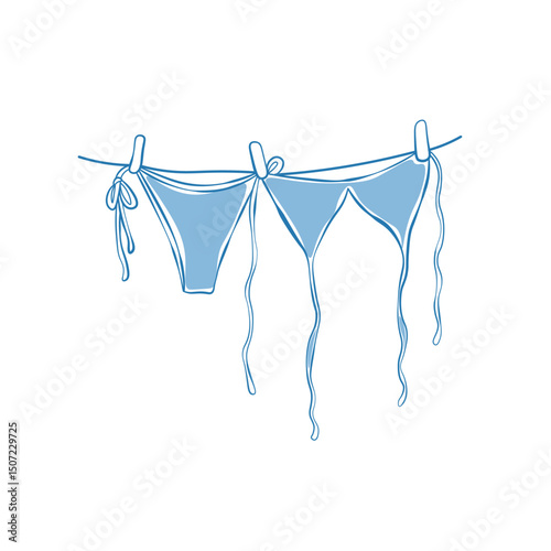 Hand drawn blue  bikini hang on clothesline vector