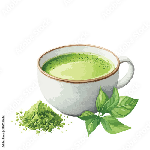 Cup of matcha next to powder and fresh leaves, isolated watercolor illustration