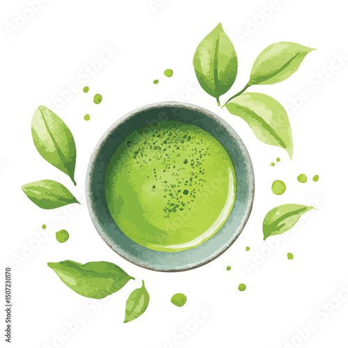 Matcha tea in cup next to leaves of green tea, isolated watercolor illustration