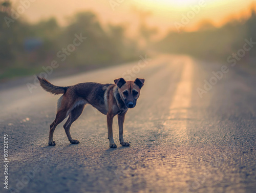 A starving stray dog wanders along an empty rural road at sunrise, its silhouette framed by the warm, dramatic light. Loneliness and abandonment echo in the quiet morning