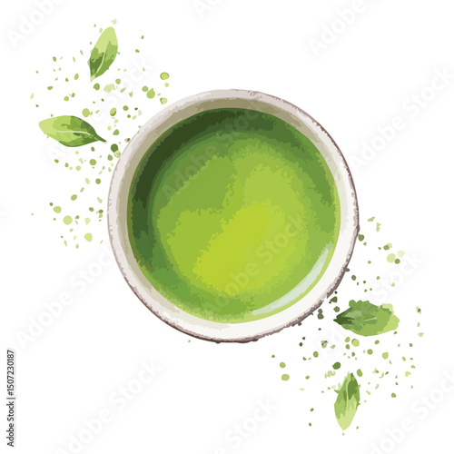 Green tea cup with leaves and matcha powder, isolated watercolor illustration