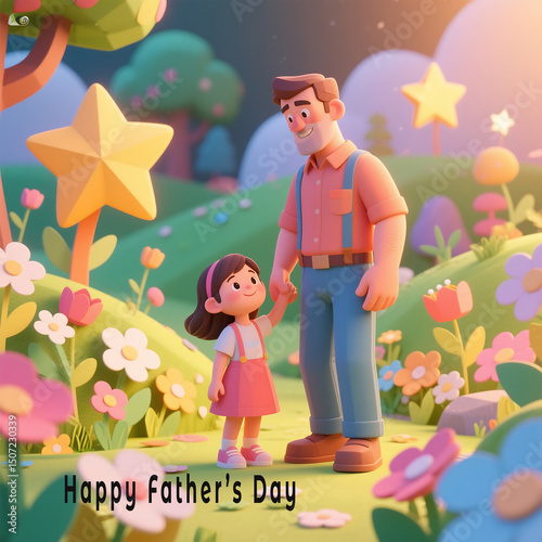 Cartoon Father and Daughter Holding Hands in a Colorful Flower Garden for Fathers Day