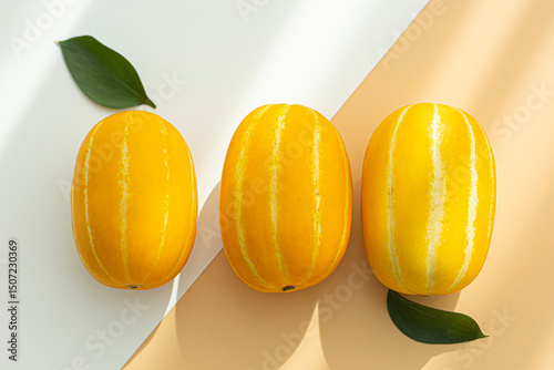 Summer Fruit Korean Oriental Melons Isolated on a White Background.