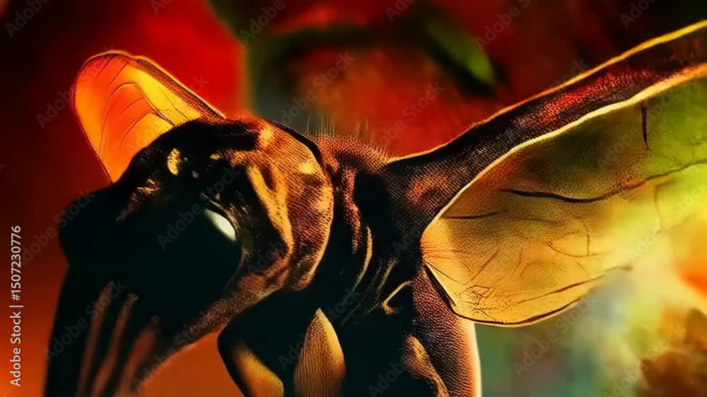 Mysterious winged creature with vibrant background, abstract organic form in motion