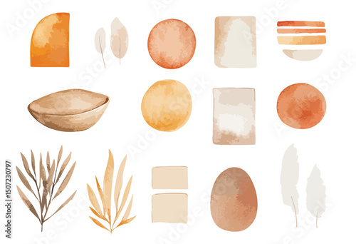 Collection of minimalistic abstract shapes and plants of beige colors, isolated watercolor illustration