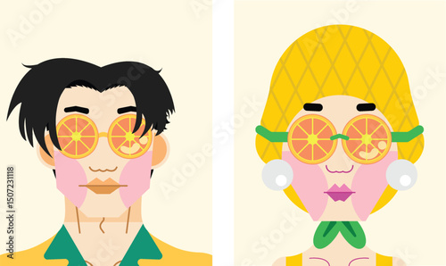 Set of Men and Women Wearing Orange Sunglasses, Orange Goggles, a bright shirt, a bright swimsuit, pearl earrings, and a pineapple swimming cap on an isolated background.