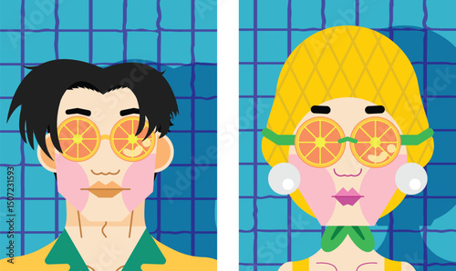 Set of Men and Women Wearing Orange Sunglasses, Orange Goggles, a bright shirt, a bright swimsuit, pearl earrings, and a pineapple swimming cap on a pool background.