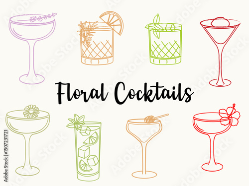 Hand drawn floral cocktail illustrations. Vector line art of summer refreshing alcoholic beverages. Doodle style cocktail glasses for bar, menu, and party design.
