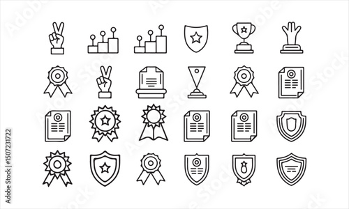 25 Award and Certificate Outline Icons – Vector Badge, Shield & Trophy Set