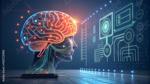 Digital illustration features a human brain with illuminated neural pathways, set against a backdrop of data visualization and technology, creating a captivating futuristic scene