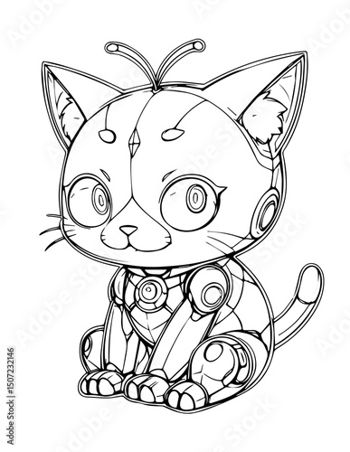 Black and white line art of a cute anime-style robotic cat with large expressive eyes, antennae, and mechanical limbs.