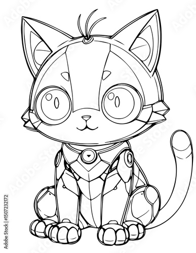 Black and white line art of a cute anime-style robotic cat with large expressive eyes, antennae, and mechanical limbs.