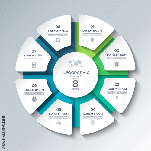 Vector infographic template featuring a modern, 3D-style circular layout divided into 8 steps. Ideal for presenting business processes, timelines, workflows, marketing steps, or educational content.