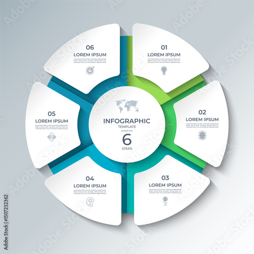 Vector infographic template featuring a modern, 3D-style circular layout divided into 6 steps. Ideal for presenting business processes, timelines, workflows, marketing steps, or educational content.